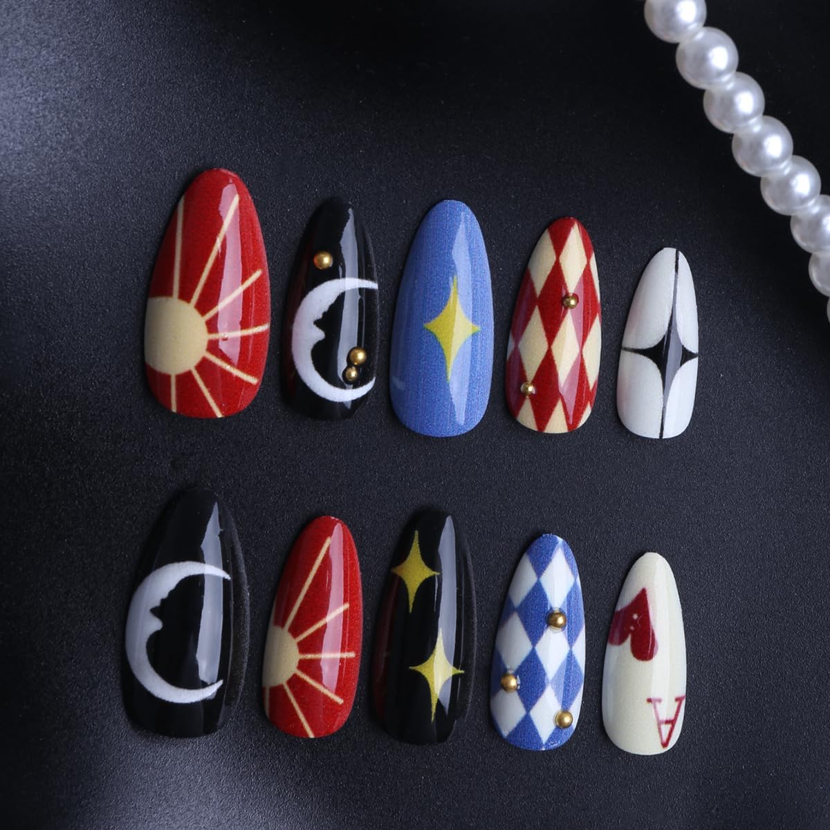 plalely Almond Press on Nails Long Colorful Fake NailTarot Style Acrylic Nail Press ons Lunna Stick on Nails for Women 24pcs