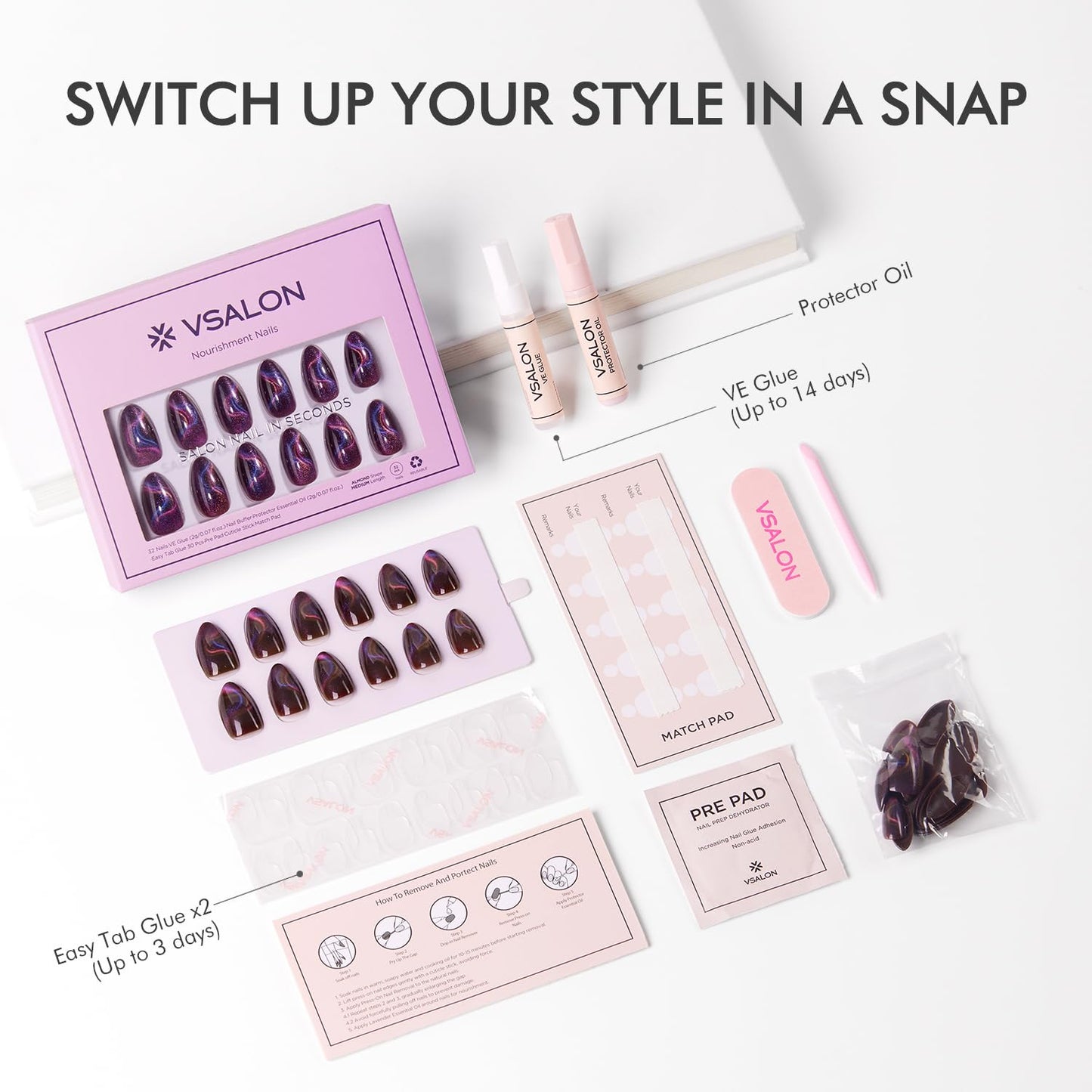 VSALON Press on Nails Short Almond - Cat Eye Fake Nails Dark Purpule Blue Sparkle Ribbon Nails, Reusable Spring Summer Opaque Gel Swirl Glue on Nails with Glue & Cuticle Oil - 32 PCS in 16 Sizes