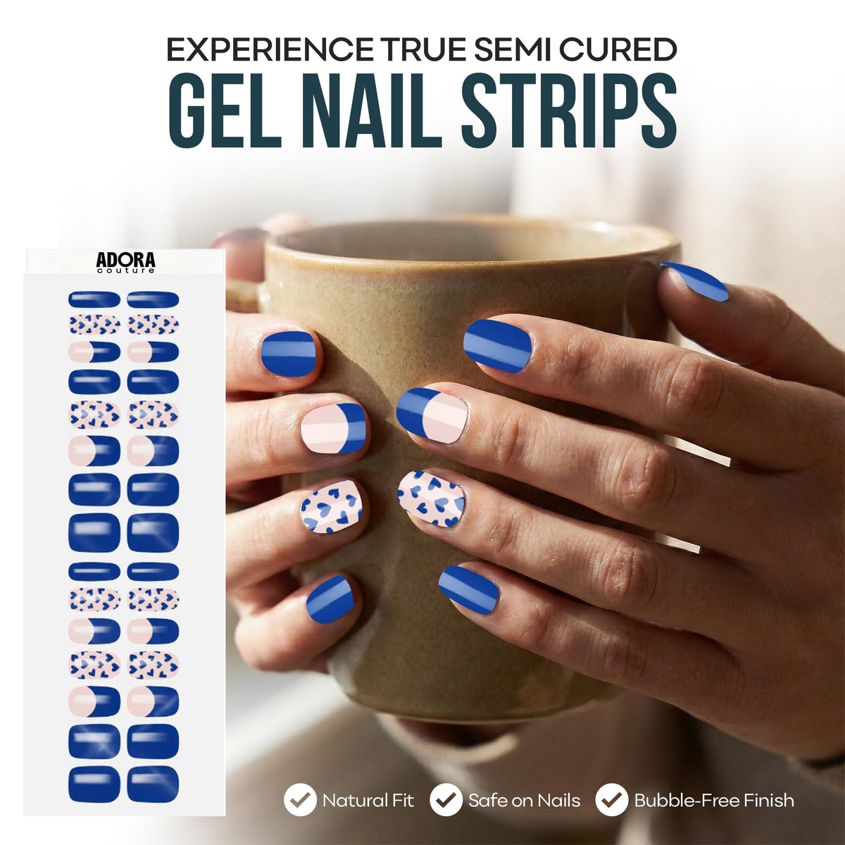 Adora Couture Semi Cured Gel Nail Strips with 30 Pieces - UV Gel Stickers, Manicure Kit, Easy Application Wraps Includes Prep Pads, Nail File, Wooden Stick - UV Light Required (Cobalt Canvas)