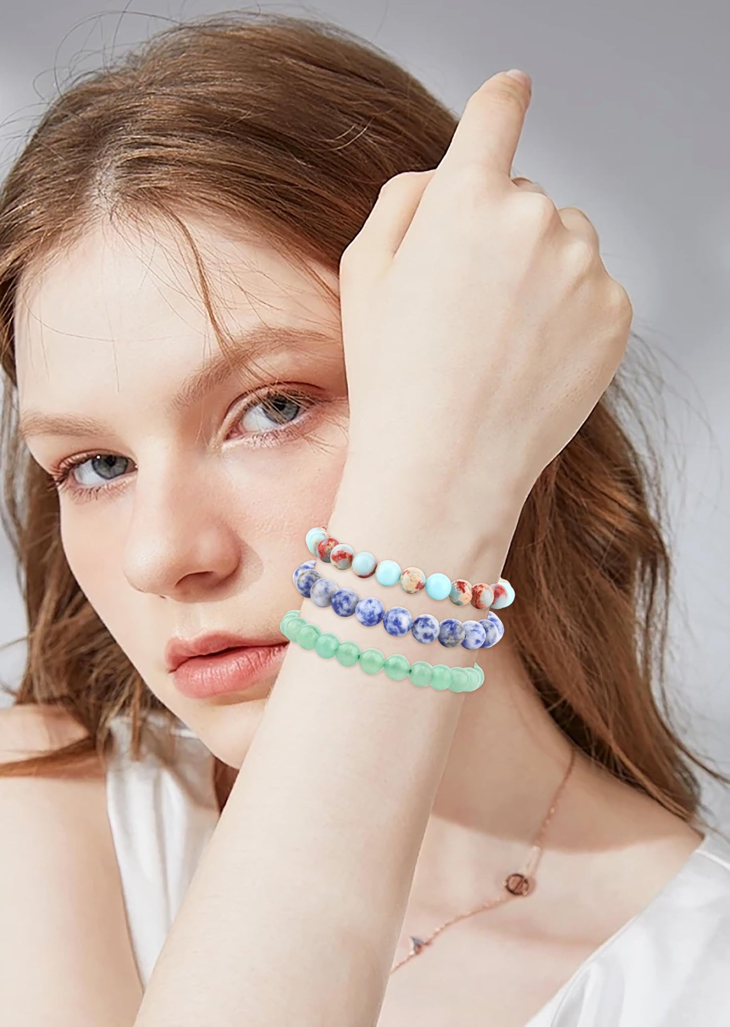 CMBYN 3-Pieces 8mm Natural Crystal Gemstone – ﻿Agalmatolite Jasper, Blue Spot, Green Aventurine Handmade Reiki Energy Healing Stretch Bracelets Jewelry for Yoga, Meditation, Unisex