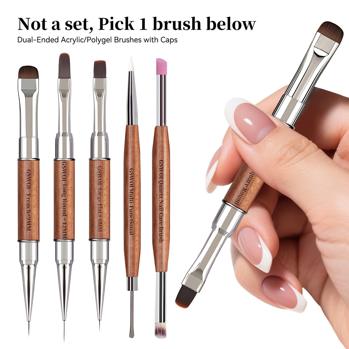 GSWOI Dual Head Acrylic Nail Brush-French Tip & Square Round with Cleaning Brush for Builder Gel,Polygel & Design-Wood Handle & Metal Caps