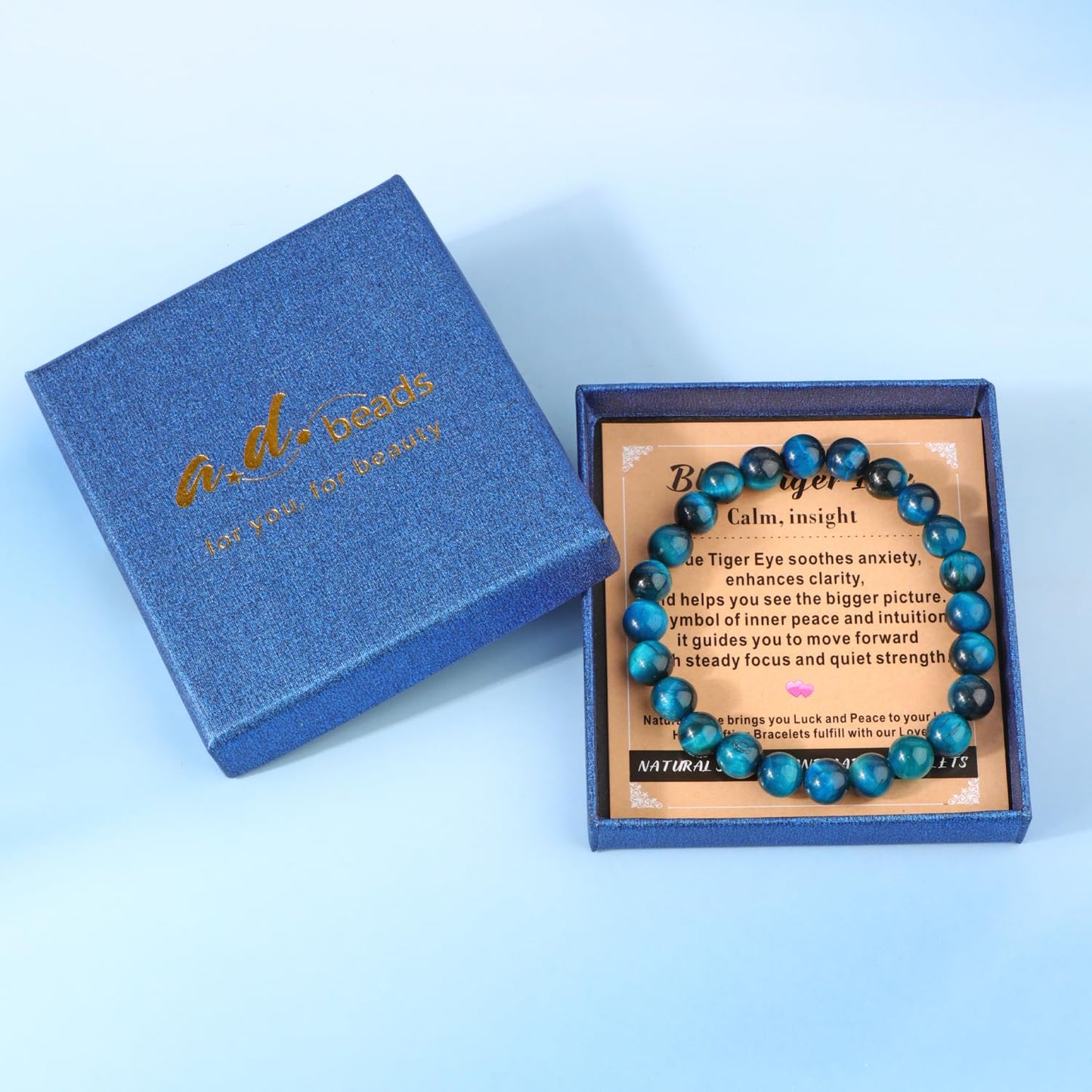 AD Beads 6mm Handmade Blue Tiger Eye Elastic Bracelet – Natural Gemstone for Calm and insight – Meditation, Yoga, Healing and Energy Gift for Men Women