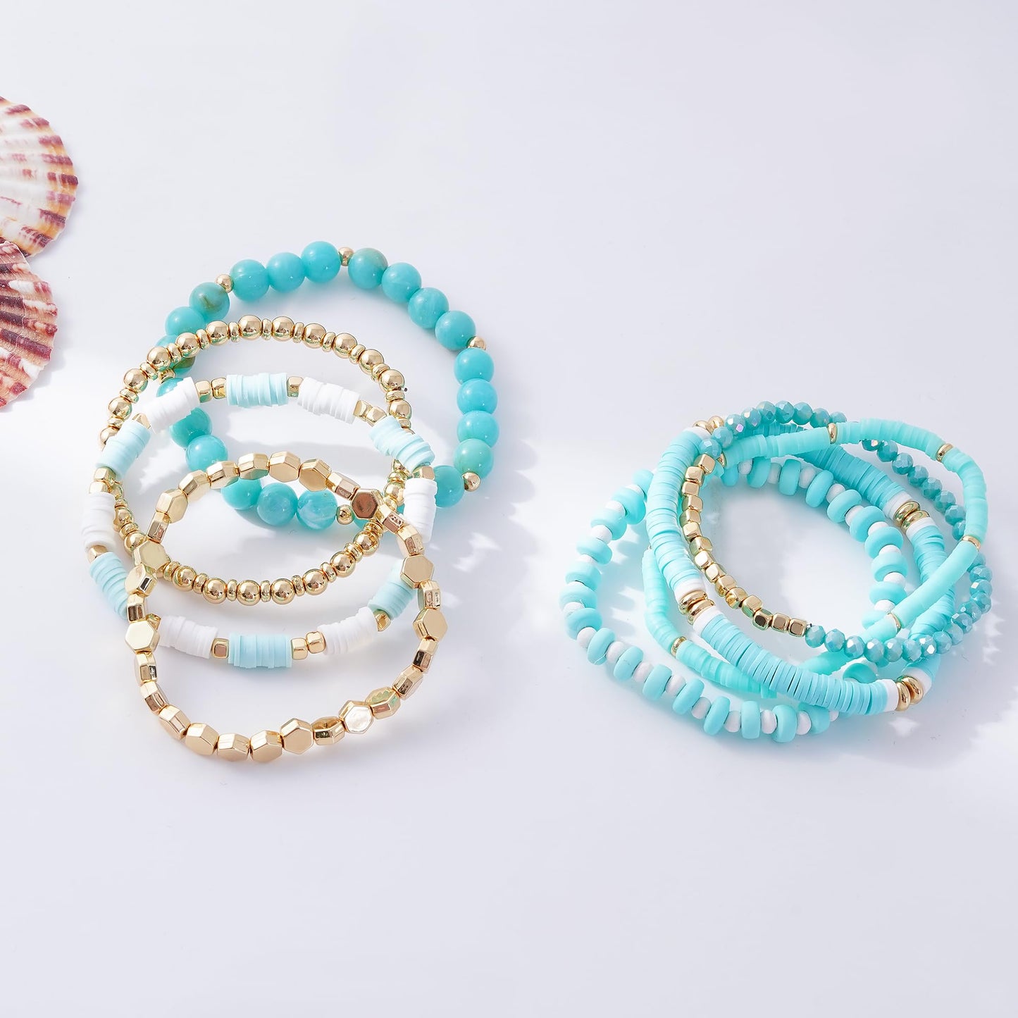 GOOJIDS Surfer Heishi Clay Bead Bracelets for Women Bohemian Stackable Gold Plated Beaded Stretch Bracelets Elastic Layering Friendship Bracelets Set Boho Jewelry