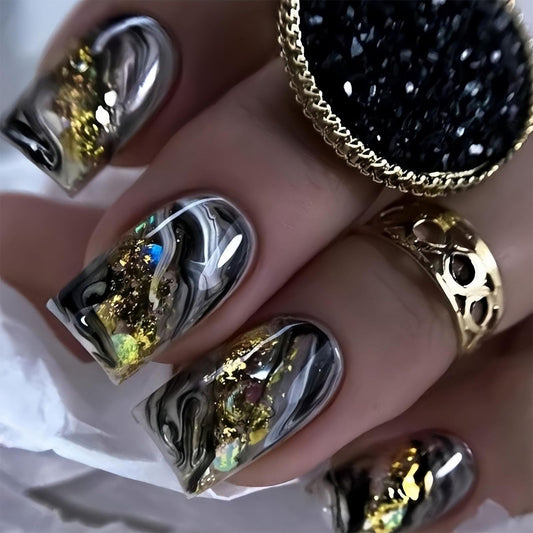 SINHOT Square Press on Nails - Short Fake Nails, Glossy Finish, Ink Style & Gold Leaf, DIY Artificial False Nail Art - 24 Pcs Nail Kit with Glue
