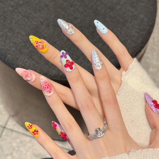Yacey 3D Tropical Floral Handmade Press on Nails, Medium Almond Reusable False Nails Press Ons, Colorful Luxury Thick Acrylic Fake Nails, Bling Glue on Nails for Women Girls (10 Pcs, M)