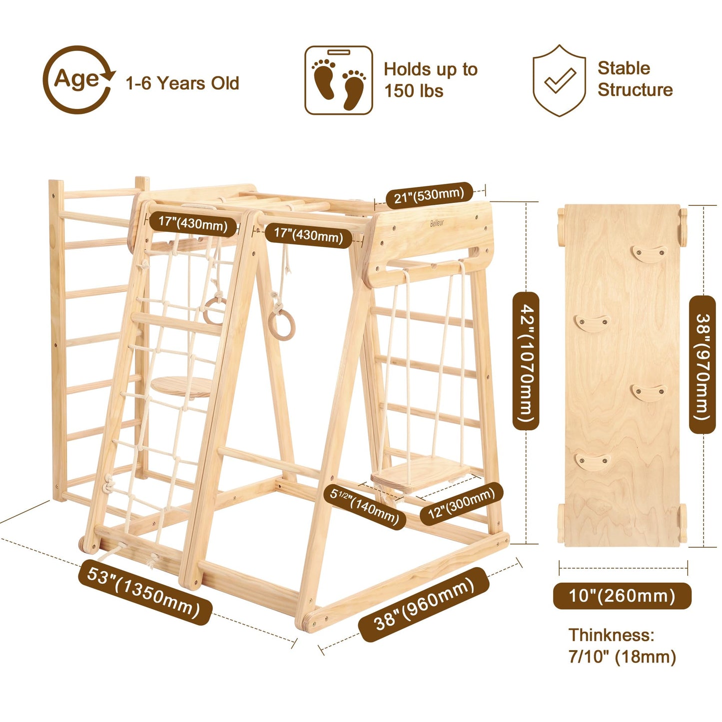Belleur 8 in 1 Indoor Jungle Gym for Kids 1-6, Wooden Indoor Playground with Slide & Swing, Montessori Climbing Set with Climbing Net & Monkey Bars