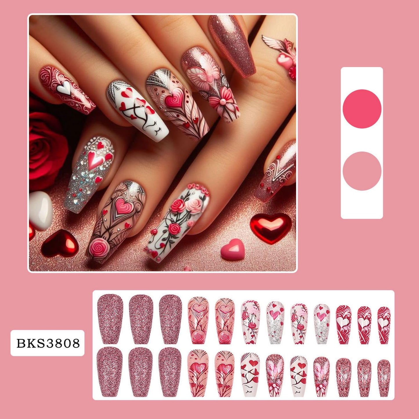 Valentine's Day Press on Nail Long Coffin Fake Nails with designs Pink Press ones Full Cover Hearts Stick on Nail Glitter Acrylic False Nails Reusable Glue on Nails for Women Romantic Manicure24pcs