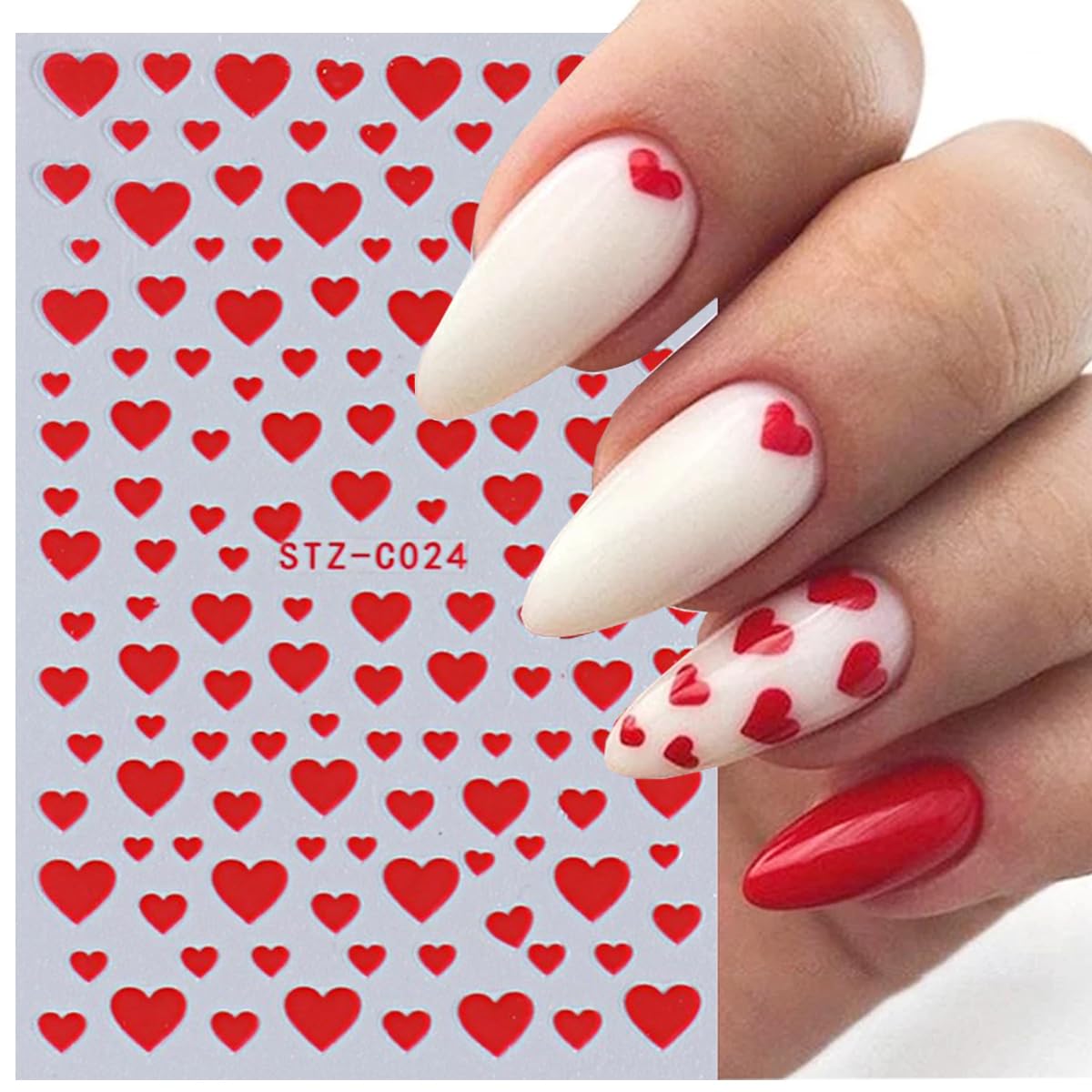 Heart Nail Stickers -Valentine's Day Nail Art Supplies Heart Nail Decals for Women - 3D Self Adhesive Heart Nail Art Sticker - Heart Love Black Red White Nail Designs DIY Valentine Manicure Decor 6PCS