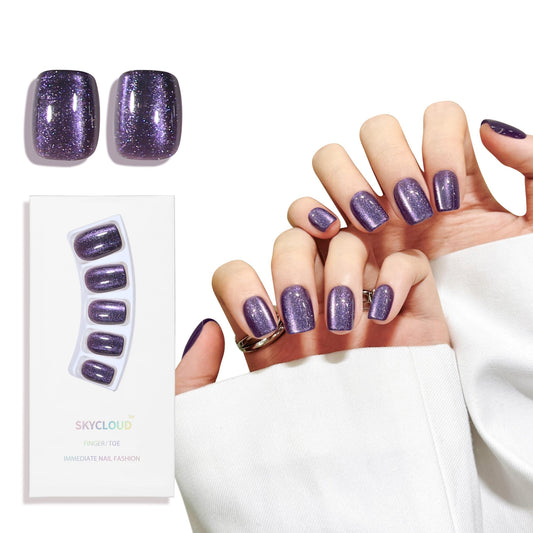 Dark Purple Cat Eyes Press On Nails,12 Sizes - 24 Pcs Soft Gel Purple Short Squoval Fake Nails Kit with Nail Glue, Natural Reusable Stick On False Nails for Women and Girls SK1060