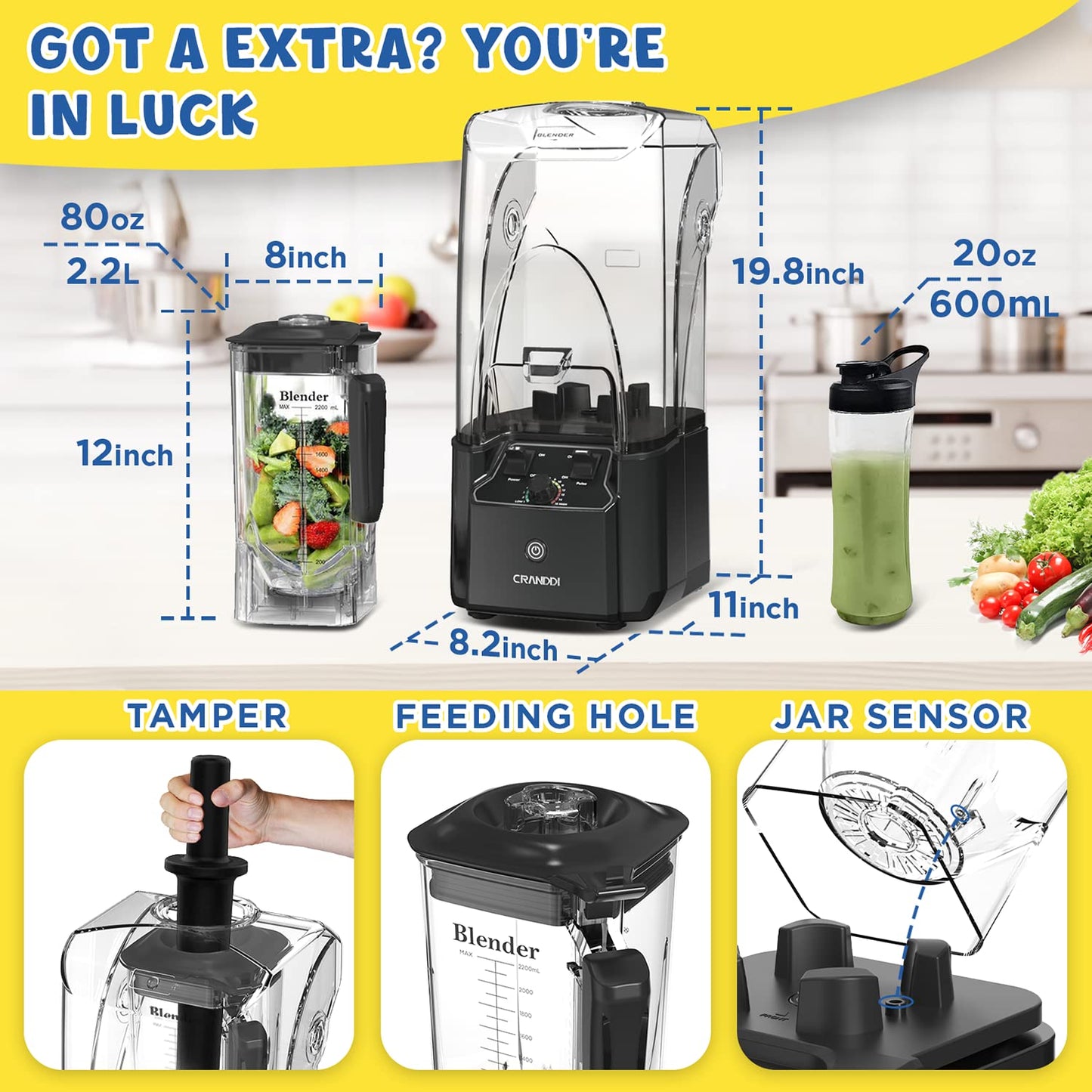 CRANDDI Commercial Quiet Blender, 2200 Watt Professional Countertop Blender with 80oz Pitcher, Built-in Pulse & 15-speeds Control, Smoothie Blender for Commercial and Home, K90 Grey