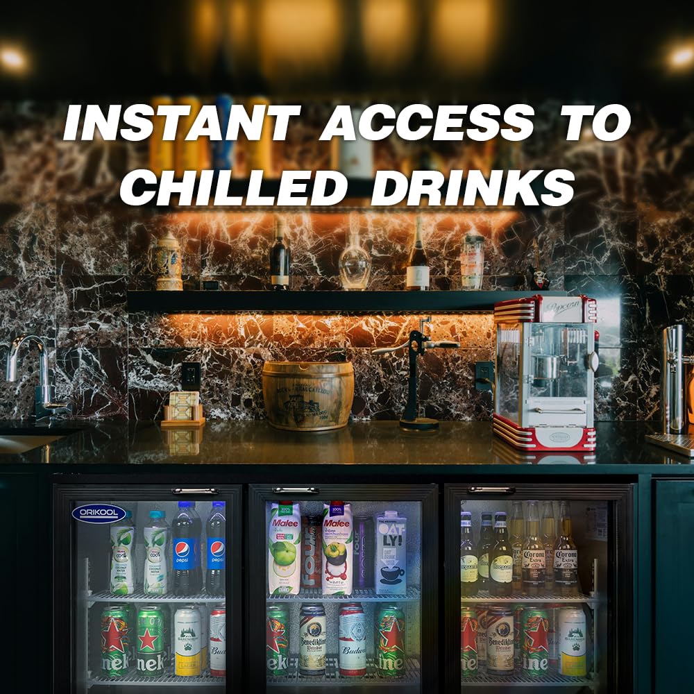 ORIKOOL Back Bar Cooler - 480 Can Capacity Beverage Refrigerators, 3 Hinged Glass Doors, LED Lighting, Adjustable Shelves, Safety Door Lock, Perfect for Bars, Restaurants & Home