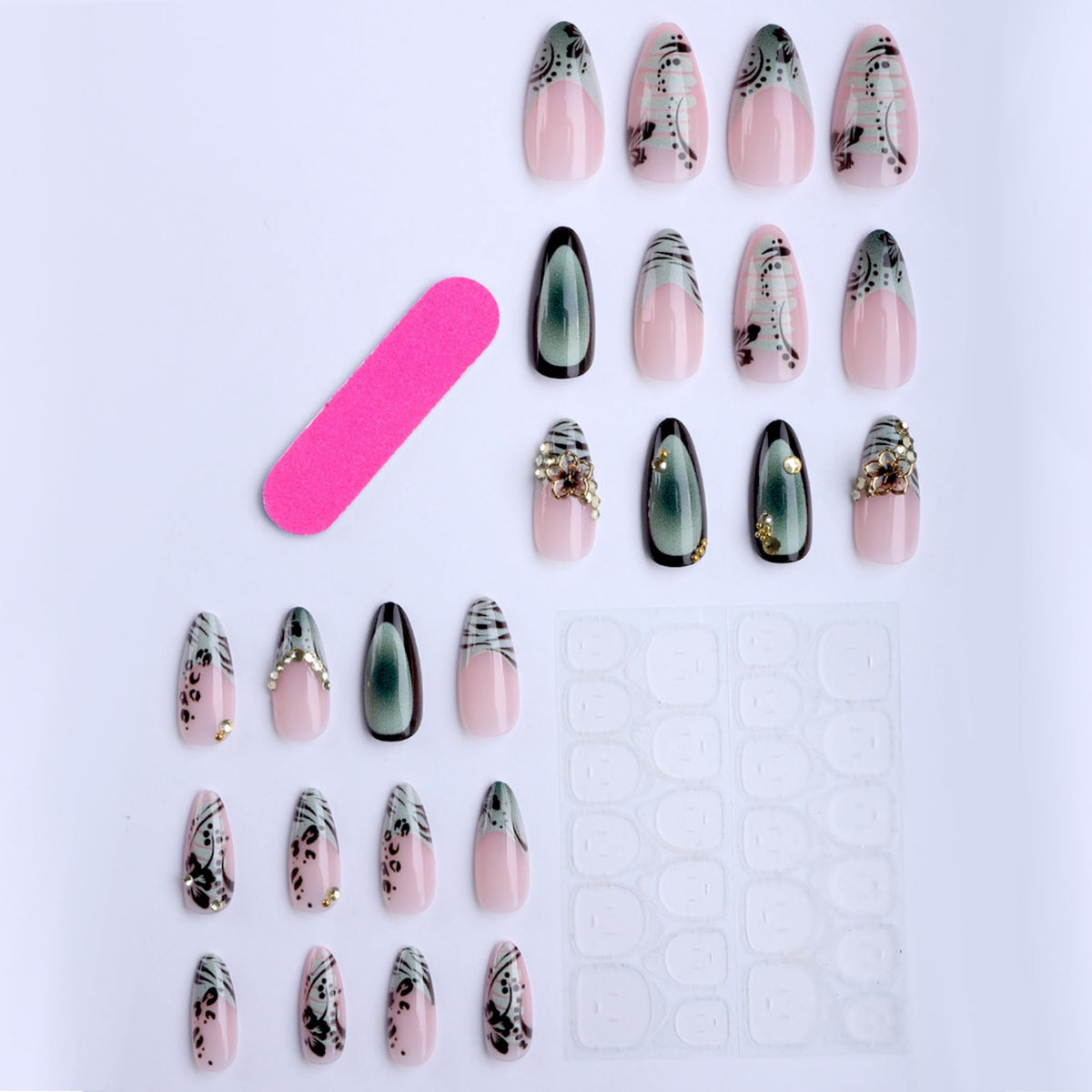Medium Press on Nails Almond Fake Nails Green Artificial Nail Animal Print Stick on Nail with Black Tip Metal Flower Rhinestone Accent for Women 24pcs