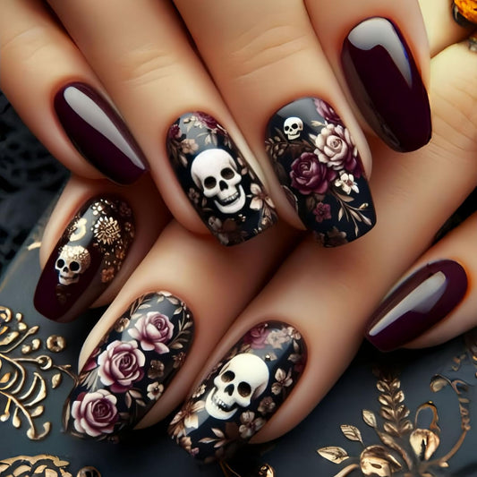 Halloween Press on Nails Long Square Fake Nails Floral Stick on Nailss The Day of Dead False Nail with Skull designs Red Horror Glue on Nails Full Cover Acrylic Nail for Women Nail Supplies24pcs