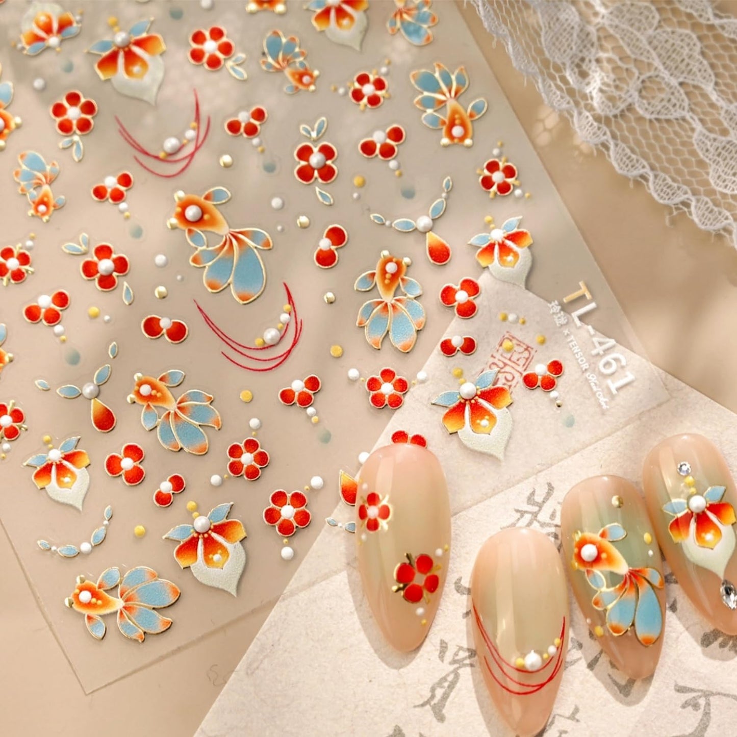 Summer Nail Stickers for Nail Art 5D Embossed Red Flower Nail Decals Koi Fish Nail Art Stickers with Pearl Design Spring Nail Charms Supplies for Women Girls