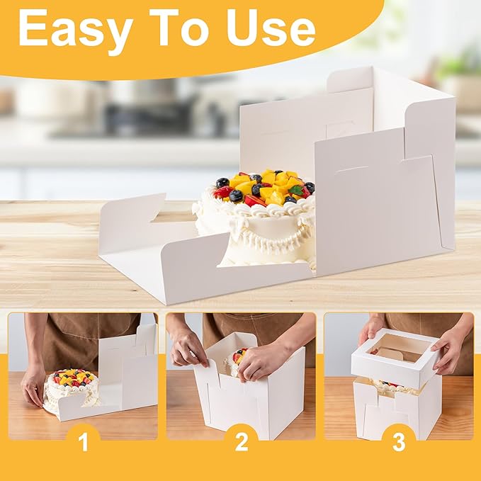 10 Pack Cake Boxes 8 Inch, 8x8x8 Inches Tall Cake Large Box, Disposable Cakes Transport Containers with Lids, Bakery Boxes with Large Window, for Cookies Pies Cupcakes Pastry-Wedding, Birthday, Party