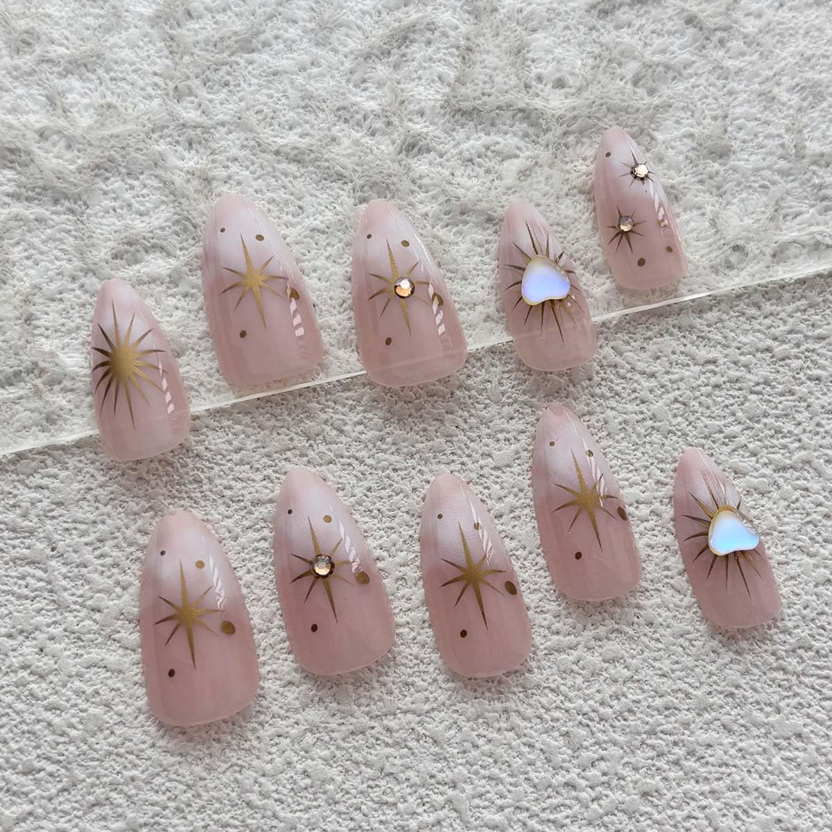 24pcs Almond Press On Nails Medium Fake Nails Star Rhinestone With Heart Design Ombre False Nails Full Cover Artificial Nails Glossy Cute Glue On Nail Reusable Stick On Nail For Women Manicure