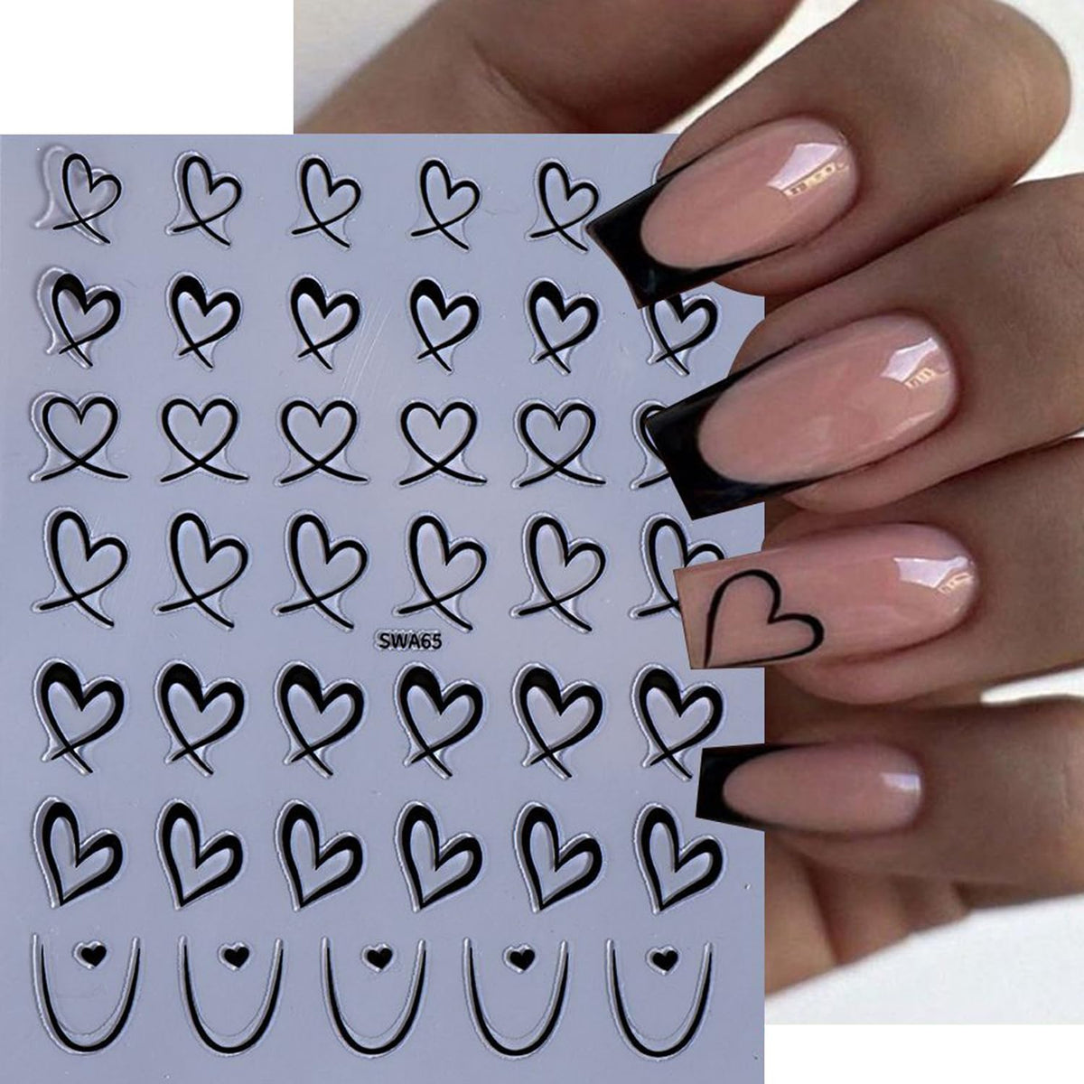 3pcs Valentine's Day Nail Art Stickers 3D Black White Pink Lines Love Heart Nail Decals Irregular French Stripe Lines Simple Valentine's Design DIY Adhesive Stickers Hearts Manicure Decor for Women