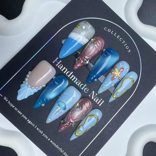 Press On Nails Long Stiletto Handmade Fake Nails with Starfish Design Ocean Glue on Nails Becah False Nails Ombre Blue Summer Handmade Nails Reusable Full Cover for Women Girls Manicure 10PCS Size M