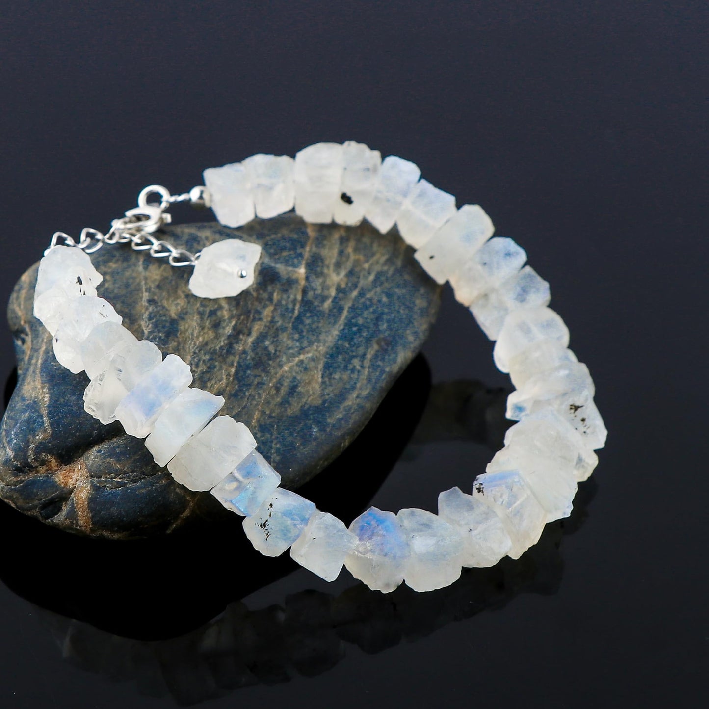 CRYSTALIS Natural Raw Rainbow Moonstone Adjustable Bracelet, High Grade Rough Gemstones, Chakra, Healing Crystals, Gift Giving Jewelry, 925 Sterling Silver Womens Bracelet 8 inch