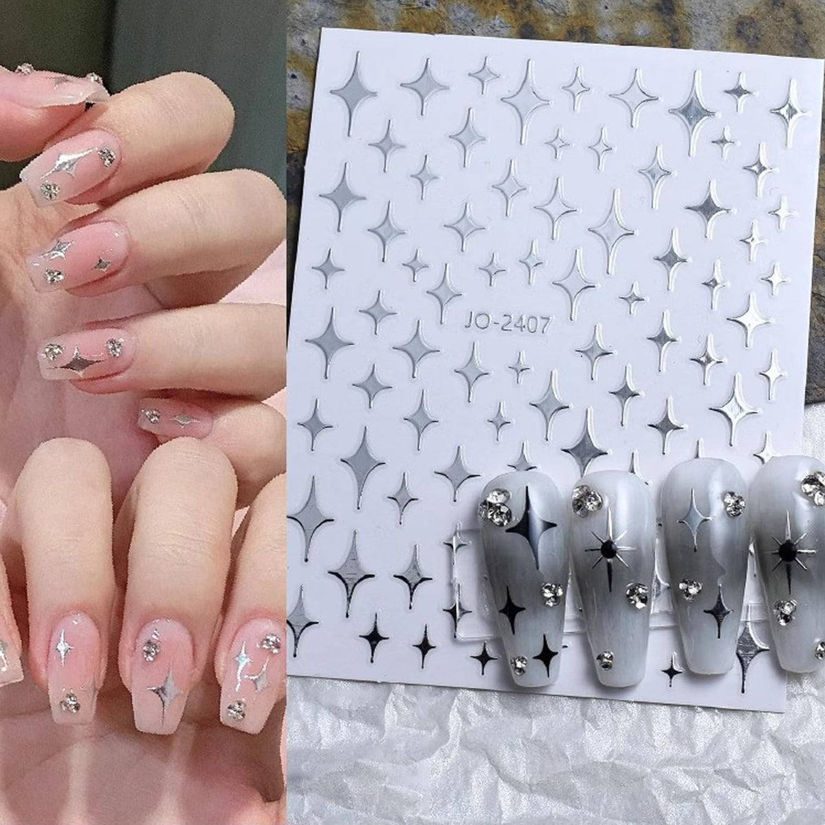 6Sheets Heart Star Nail Art Stickers 3D French Silver Glitter Nail Decals Designer Nail Supplies Metallic Silver Star Love Hearts Nail Designs Sticker for Women DIY Nail Decorations Accessories Crafts