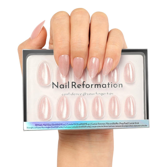 Nail Reformation Press On Nails, Soft Pink Short Almond Fake Nails with Velvet Cat Eye in Glossy Finish, Salon Quality, Reusable Stick On Nails in 16 Sizes - 32 Nail Kit with Glue, Gifts for Women