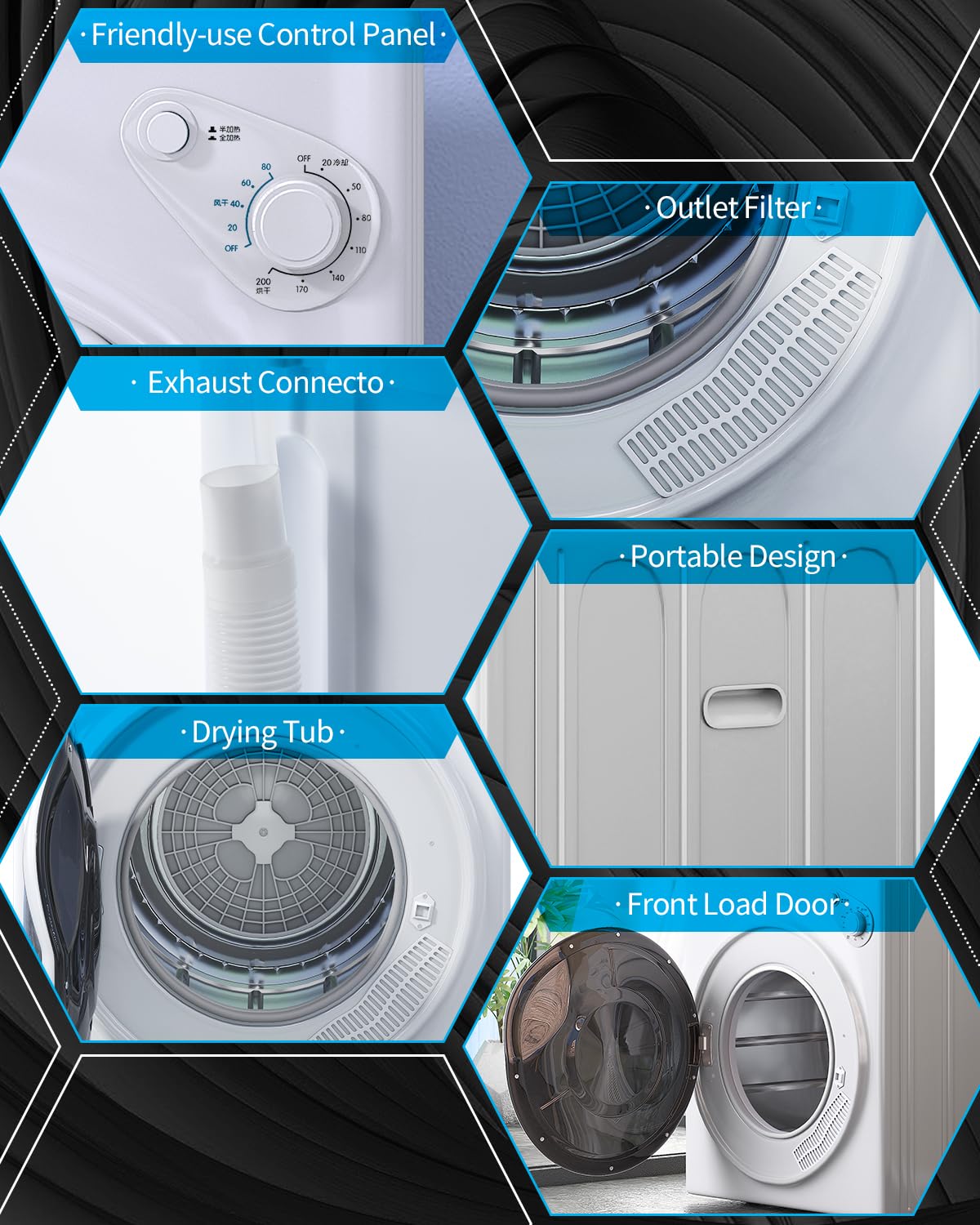 TABU 3.5 Cu. Ft Compact Dryer, Portable Clothes Dryer with Stainless Steel Tub, Front Load Electric Dryer with 4 Automatic Drying Mode, Ideal for Home, Apartment, RV, White