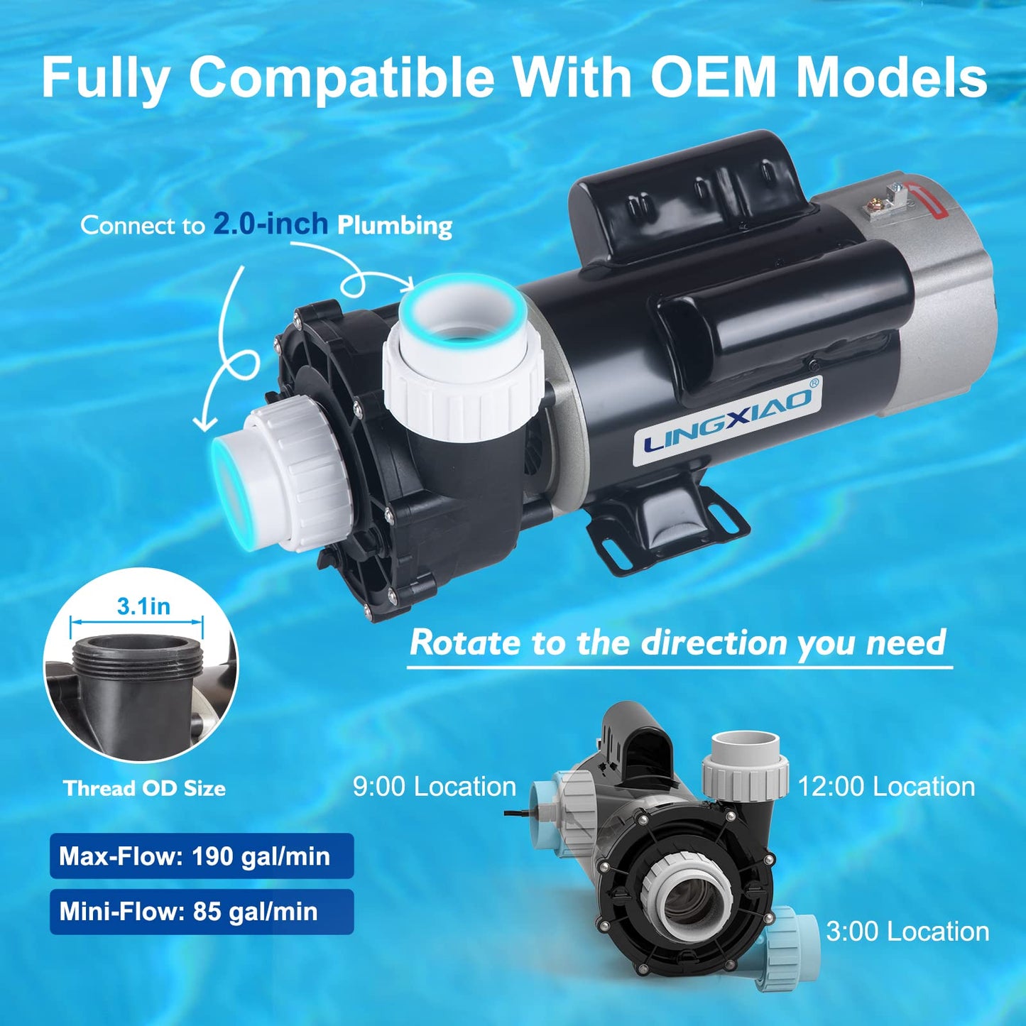 LINGXIAO SPA Pump, 3HP Hot Tub Pump - 2 Speed LX SPA Motor 230V/ 60HZ, 2" Port, 48 Frame(Y) - (Model: 48WUA2002C-II)