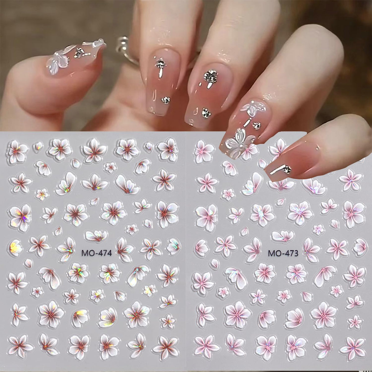 3 Sheets Flowers Nail Art Stickers Decals 5D Embossed Self-Adhesive Nail Decals White Pink Brown Floral Designs Spring Summer Supplies for Acrylic Nails DIY Women Manicure Decoration Accessories