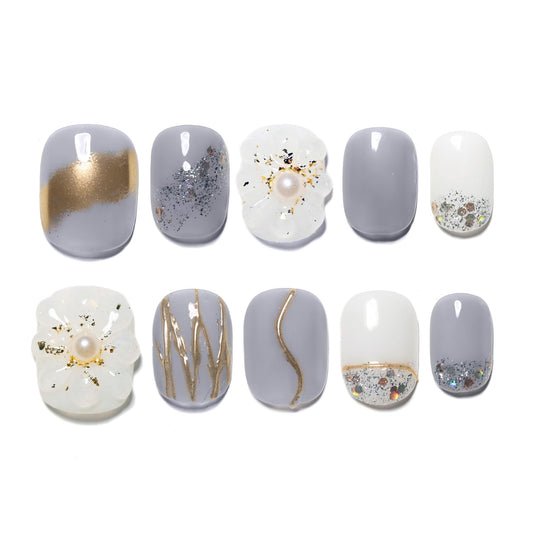 Sun&Beam Nails Handmade Press-on Short Square Round Flower Artistic Gold White Hand-drawn Design Fashionable False Nail Tips 10 Pcs Set (#166 S)