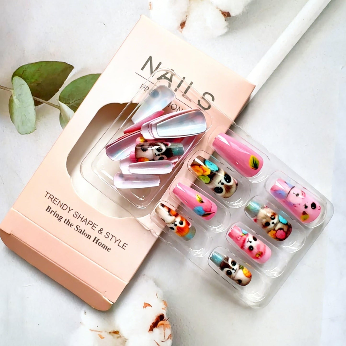 Coffin Press on Nails Medium Pink Fake Nails Raccoon Fox False Nails with Fruit Flower Design Cute Animal Artificial Acrylic Nails Full Cover Glossy Spring Summer Stick on Nails for Women Manicure Art