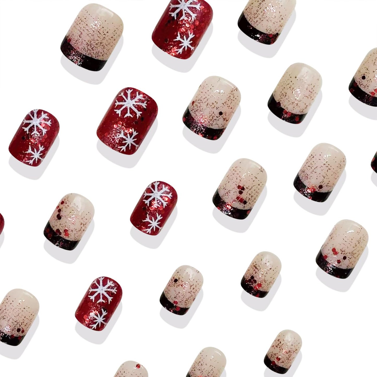 LWTZLW Christmas Press on Nails Snowflake Short Square False Nails Black Glitter French Tip Full Cover Glue on Nail Snowflake Design Acrylic Fake Nails Winter Artificial Glossy Nail Reusable for Women
