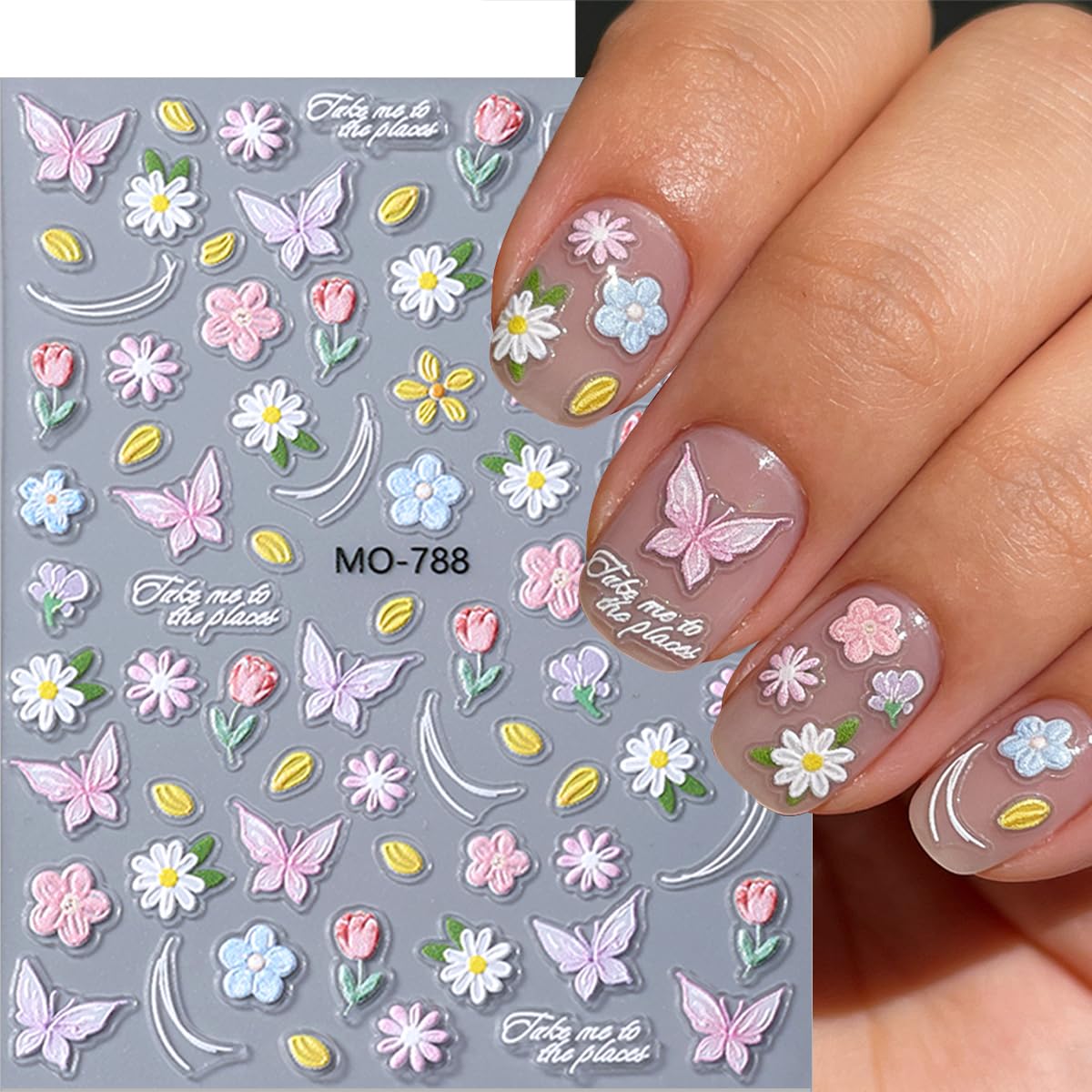6 Sheets 5D Embossed Spring Flower Nail Art Stickers Colorful Gradient Butterfly Floral Nail Decals French Style Design Flowers Nail Stickers for Women Spring Summer DIY Manicure Supplies