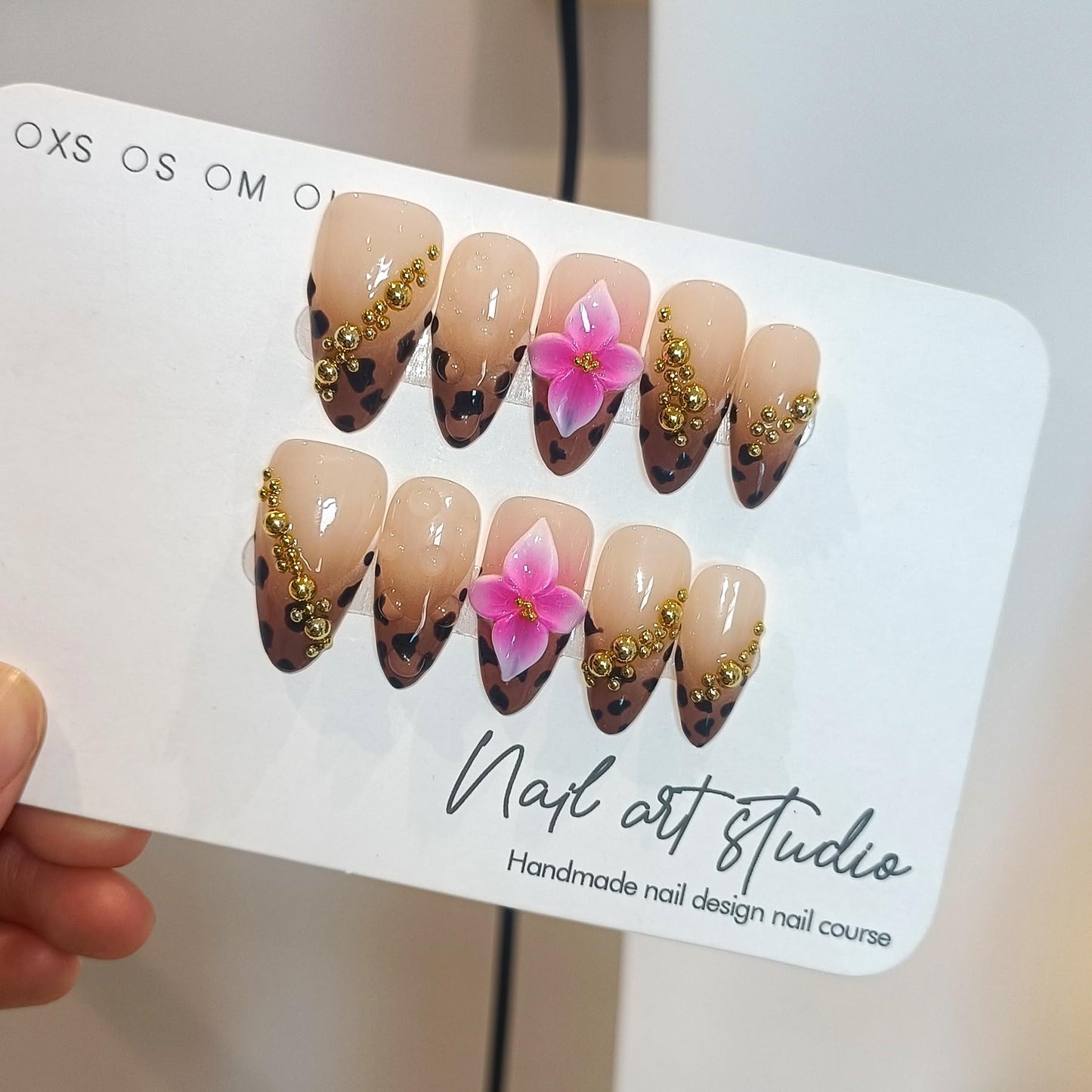 TENPAL 10-Piece Almond Press-On Nails Kit,Sexy Leopard French Tips Fake Nails with 3D Gold Beads & Pink Flowers,Brown Y2K Nails for Women, Edgy Yet Cute Daily Wear False Nails with All Tools(L)