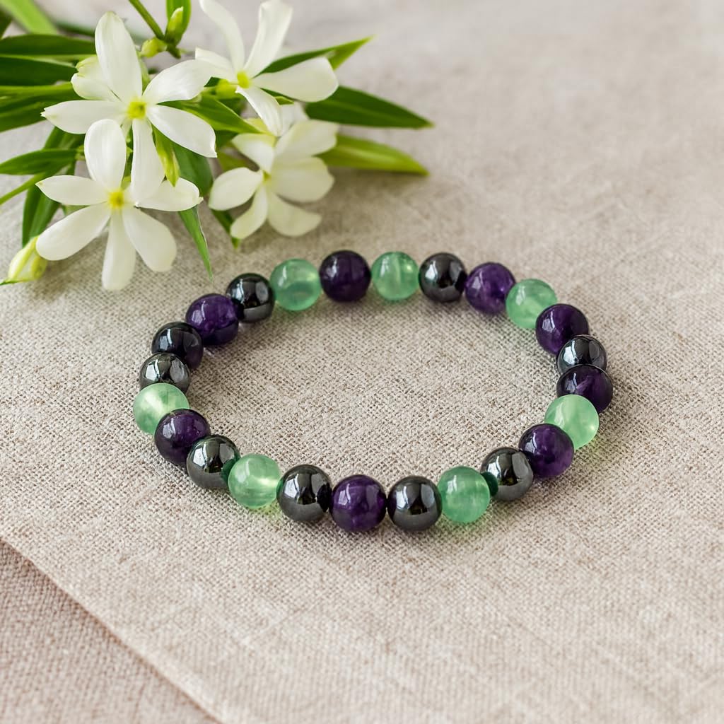 PRECIOUS PEBBLE Amethyst, Fluorite, Hematite Bracelet for Men & Women – Natural 8mm Beads for Calm, Focus & Inner Balance – Adjustable Stretch Fit Crystal Bracelets for Daily Wear & Meaningful Gift