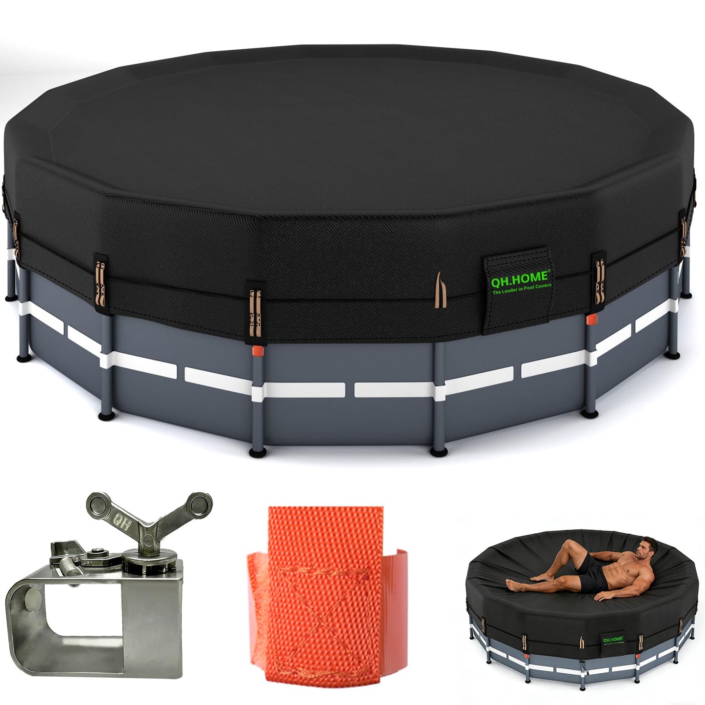 QH.HOME 550D 18ft Pool Cover Round[Upgraded Tear Resistant & Quadruple Windproof] wth Pre-Installed Patented Winch and Rope, Pool Covers for Above Ground Pools-Snug Fit & Waterproof Protection