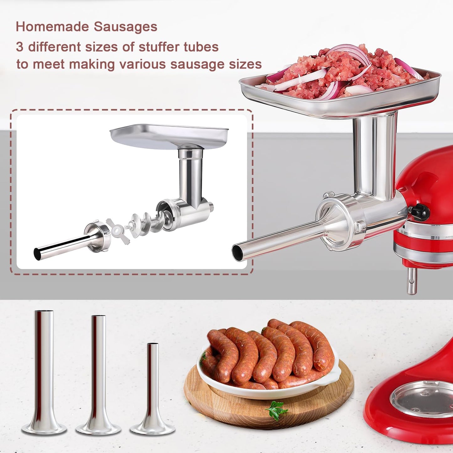 Stainless Steel Meat Grinder Attachments for KitchenAid Mixers, Metal Food Grinder, Sausage Stuffer, Dishwasher Safe Accessory Suitable for Kitchen Aid by Rafbar