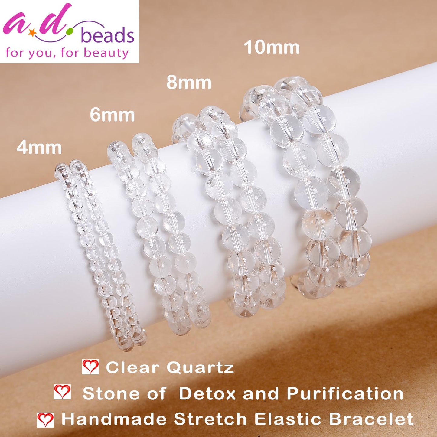 AD Beads Handmade Gemstone Stretch Elastic Bracelet Crystal Healing Reiki Nature's Beauty and Spiritual Essence Unisex (8mm, Clear Quartz (Detox and Purification))