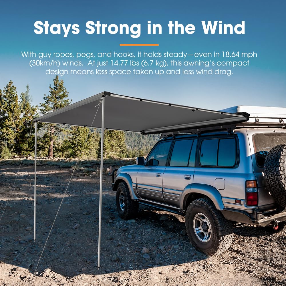SanHima Vehicle Awning 6.6ft x 8.2ft - Roof Rack Pull Out Side Awning 54ft² Sun Shade UPF50+ Weatherproof for Camping Car SUV Truck Van