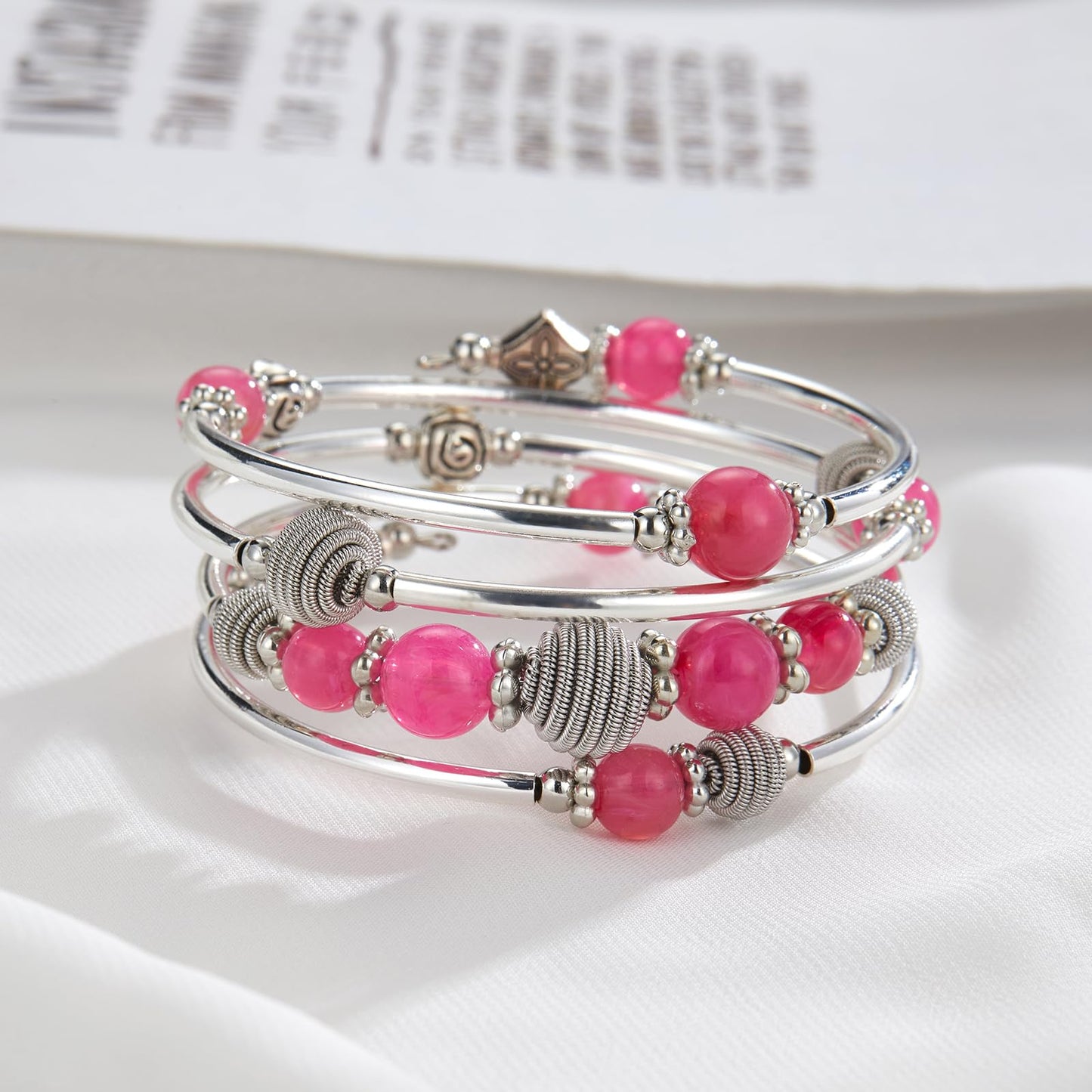PEARL&CLUB Beaded Chakra Bangle Turquoise Bracelet - Fashion Jewelry Wrap Bracelet with Thick Silver Metal and Mala Beads, Birthday Gifts For Women(Hot pink)