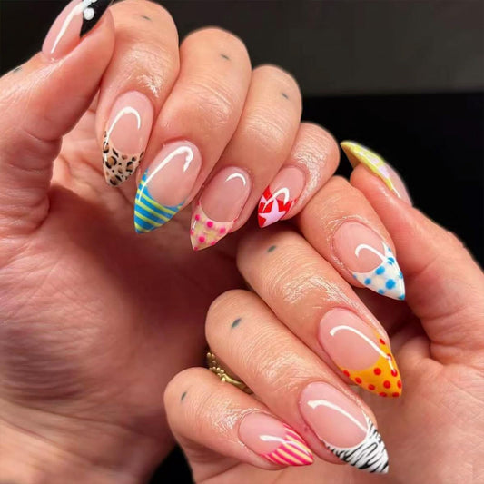 Almond Press On Nails - Summer Medium Colorful French Polka Dot Striped leopard pattern Fake Nails Glossy Finished Reusable False Nails with Glue Tabs - 24Pcs Nail Kit for Women Manicure