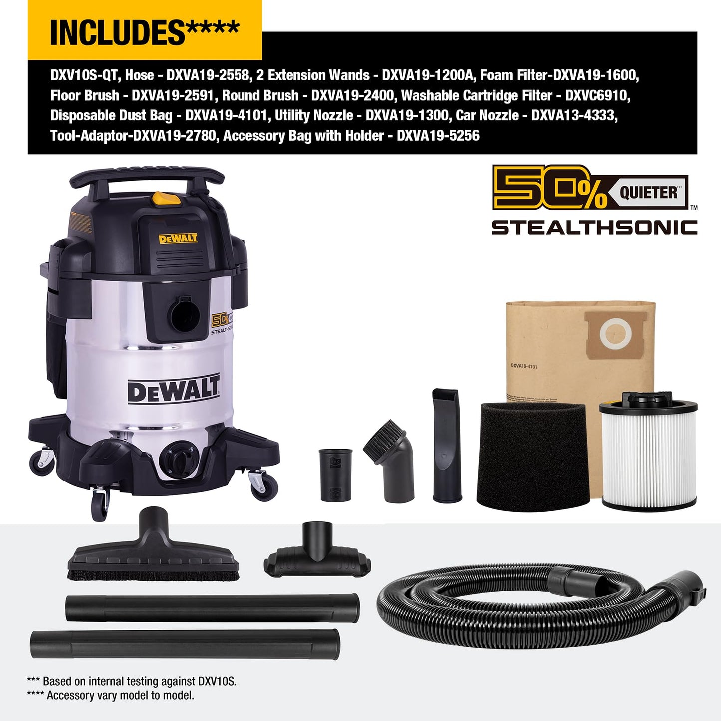 DEWALT 10 Gallon STEALTHSONIC Wet Dry Vacuum, DXV10S-QT Newest Noise Reduction Shop Vac, Ultra Quiet Shop Vacuum Wet and Dry for Home, Garage, Car, Workshop, Stainless Steel Tank, 5 Peak HP