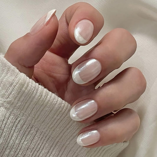 HOSAILY Short Oval Press on Nails Almond, White Chrome Press ons Small Fake Nails French Tip Pearl Shine Design Glue on Nails, 24pcs Natural Nude Glossy Classic Full Cover Stick on Nails for Women