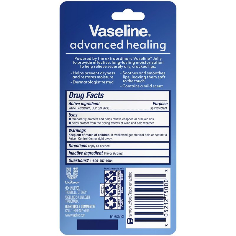 Vaseline Lip Therapy Advanced Healing Lip Balm Tube 24-Pack – White Petroleum Protectant, Moisturizer for Dry Lips, 0.35 Oz Ea