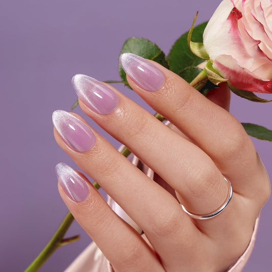 VSALON Almond Short Press On Nails, Pastel Light Purple Summer Ombre Sheer Cat Eye French Tip Light Curable Fake Nails, Reusable Stick On False Nails - 32 Pcs Nails Kit in 16 Sizes with Glues