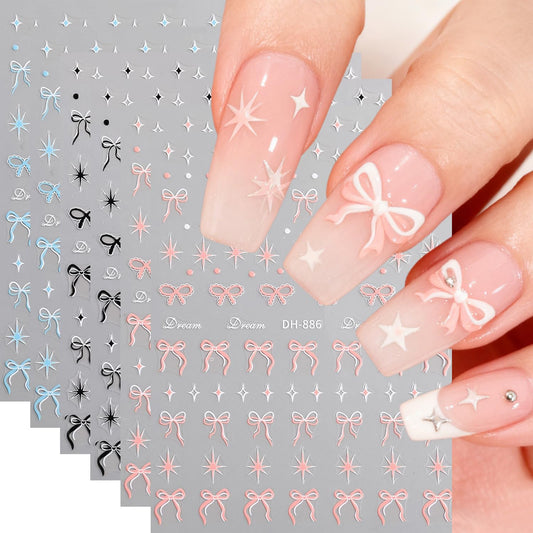 Bow Nail Art Stickers Valentines Nail Decals 3D Self Adhesive Black Blue Pink Bow Starlight Nail Stickers Cute Bows Nails Sticker Decals for Women Holiday Valentines DIY Manicure Decoration 6 Sheets