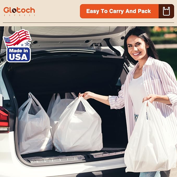 Glotoch 1000 Count-Plastic T-shirt Bags Plain White, 11.5" x 6.5" x 21" Grocery Bags with Handles for Restaurant, Retail, Grocery Store, Takeout, Convenience, Trash, Shopping Bag Small Business