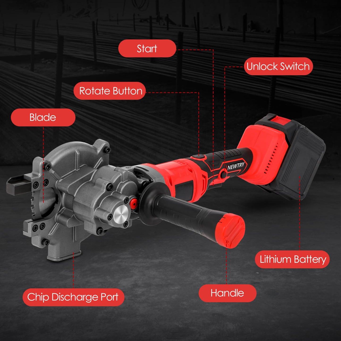 NEWTRY Cordless Rebar Cutter Cutting up to 3/2inch(4-40mm), Electric Rebar Cutter with 2 Batteries & Replacement Saw Blade, Cordless Cutting Edge Saw Cutting Speed 4-5S (900W)