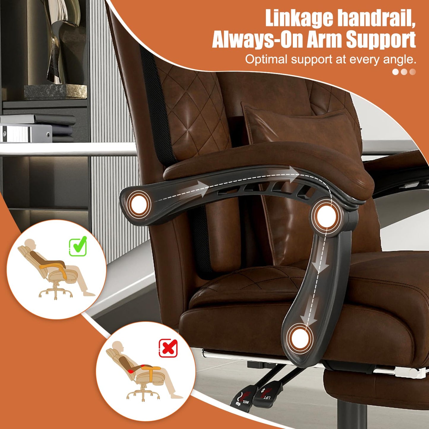 Ergonomic Office Chair with Footrest, 400lbs High Back Executive Home Office Computer Chair with Unique Ear-Shape Headrest for Neck Support,Coffee Leather Office Chairs for Home Office Work