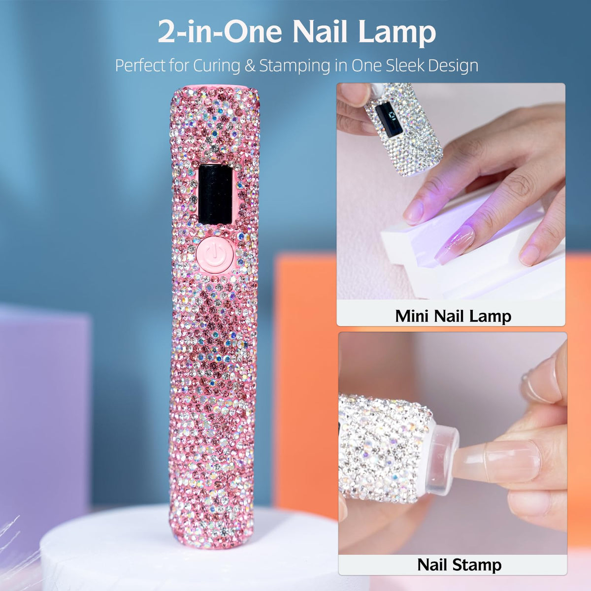 keeyada 3W Portable LED Nail Lamp with Sparkly Rhinestones, Handheld UV Light, Wireless Rechargeable USB Nail Dryer with Silicone Stamper, LCD Display Screen for Fast Curing Home DIY Manicure Pink
