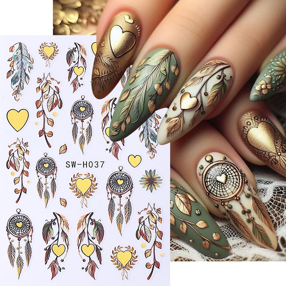 Nail Art Stickers 3D Self Adhesive Bohemian Decals Dreamcatcher, Heart Nail Supplies Nail Art Design Decoration Accessories for Women and Girls, Manicure Decor